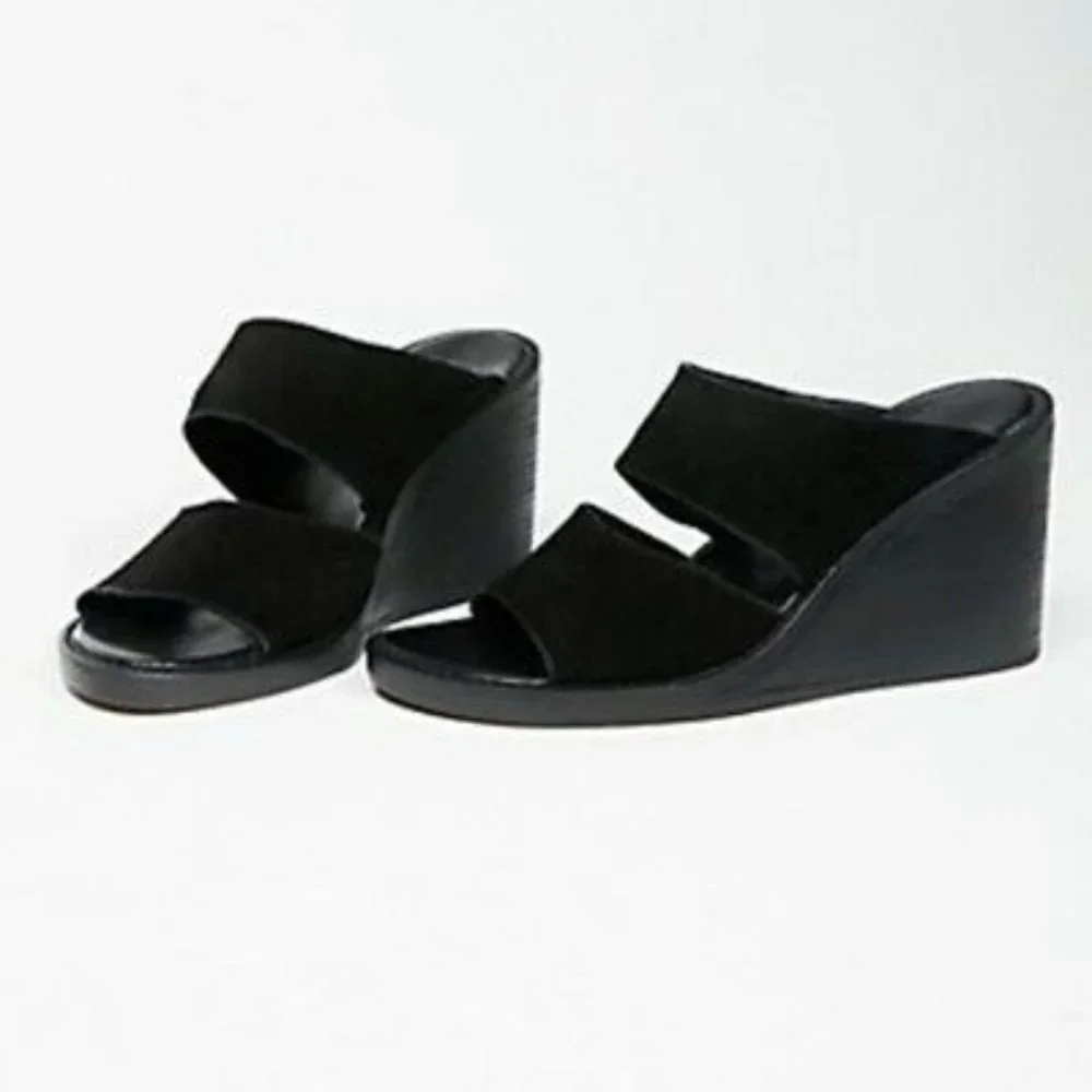 FARYL ROBIN FREE PEOPLE Black Suede Asymmetrical Dual Strap Chunky Wedge Sandals